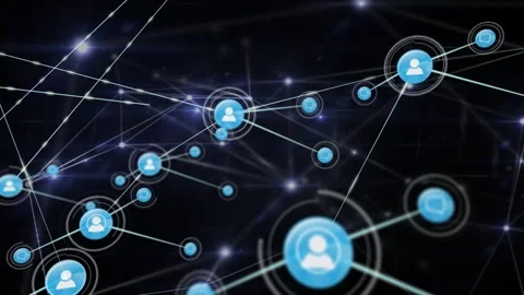 Single central blue user-icon pulsing and radiating links outward, linking nodes Vídeo Stock 332523193