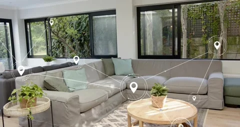 Single central map pin appearing, initiating AR pins and connecting lines, Stock Footage 321715262