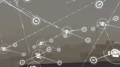 Single central node spawning icons and lines, HUD overlay growing to map city Stock Footage 330331469