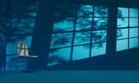 Single Chair in Empty Blue Room with Shadows From Windows and Trees 3D Illust Stock Illustration