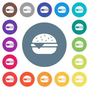 Single cheeseburger flat white icons on round color backgrounds Illustrazione stock