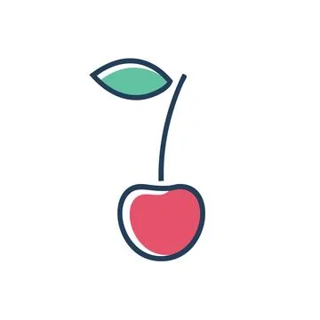 Single cherry fruit icon illustration. Red cherry with green leaf and stem .. Stock Illustration
