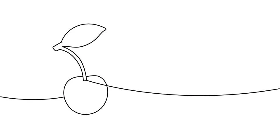 Single cherry fruit with stem and leaf continuous line drawing. Minimal one line Stock Illustration