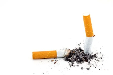 Single cigarette butt with ash isolated on white background Stock Photos