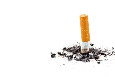 Single cigarette butt with ash isolated on white background Foto stock