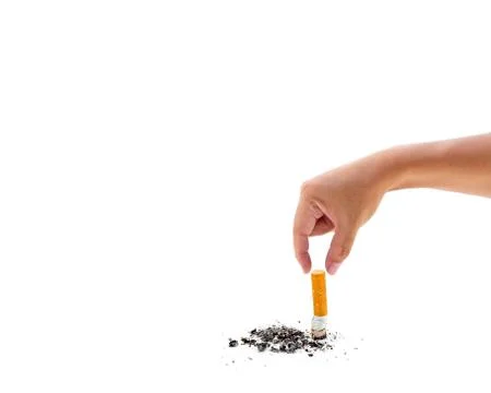 Single cigarette butt with ash isolated on white background Foto stock