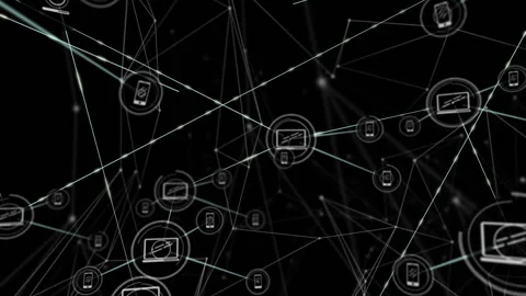 Single circular node appearing triggers phone, laptop icons branching into Stockbeeldmateriaal 310406396