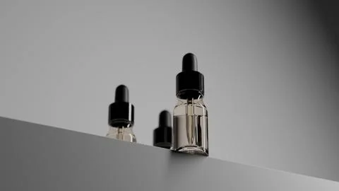 Single clear dropper bottle with black cap on grey background Ilustración de archivo