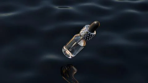 Single clear glass dropper bottle floating on dark rippling water イラスト素材