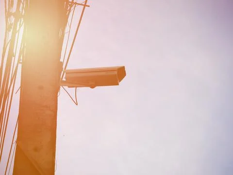 Single of closed circuit camerafor security around place with sky background Stock-Fotos