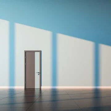 Single closed door, on empty wall of a public space interior. Stock Illustration