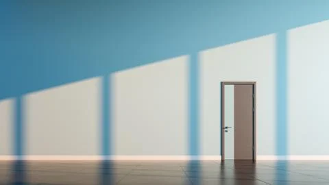 Single closed door, on empty wall of a public space interior. Stock Illustration