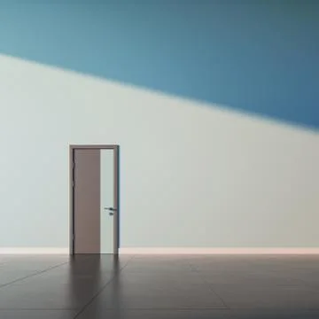 Single closed door, on empty wall of a public space interior. Stock Illustration