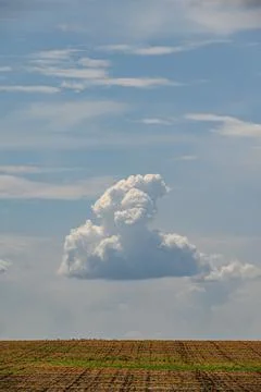 Single cloud at blue sky above agricultural field Stock Photos