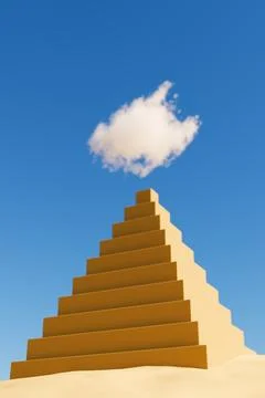 A single cloud hovers above a stepped pyramid under a clear blue sky Illustrazione stock