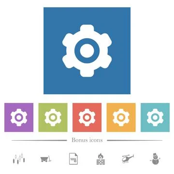 Single cogwheel solid flat white icons in square backgrounds Stock Illustration
