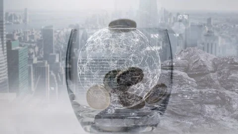 Single coin falling from top activating wireframe globe inside glass tumbler, Vídeos de archivo 323119027