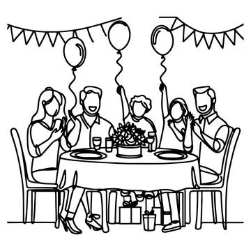 Single continuous drawing black line family dinner sitting at table to cele.. Stock Illustration