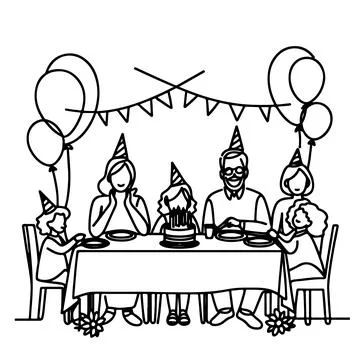 Single continuous drawing black line family dinner sitting at table to cele.. Illustrazione stock