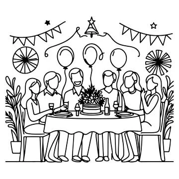 Single continuous drawing black line family dinner sitting at table to cele.. Illustrazione stock