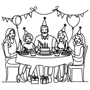 Single continuous drawing black line family dinner sitting at table to cele.. Stock Illustration