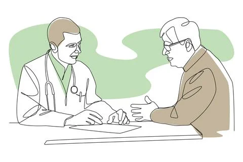 Single continuous line art drawing illustrations of doctor consulting with .. Illustrazione stock