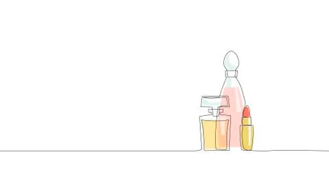 Single continuous line art perfume bottle lipstick cosmetics silhouette. Woma Stock Illustration