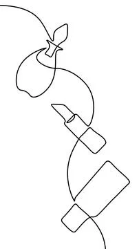 Single continuous line art perfume bottle lipstick cosmetics silhouette. Woman Stock-Illustration