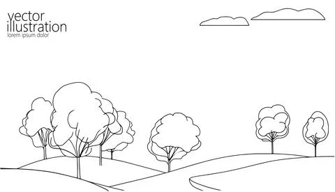 Single continuous line art tree park alley. Outdoors garden landscape design 스톡 일러스트
