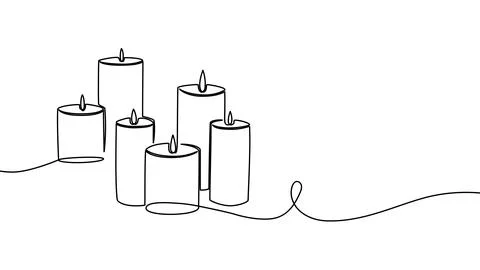 Single continuous line candle drawing with flame and leaf motif, elegant Stock Illustration