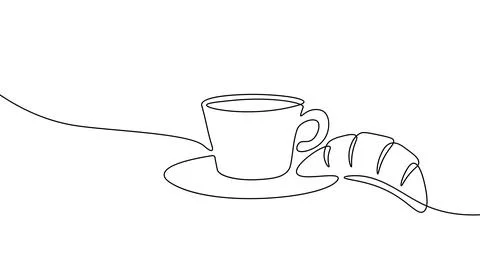 Single continuous line croissant art. Coffee morning cafe french bakery pastry Stock Illustration