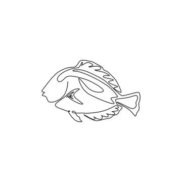 Single continuous line drawing of adorable blue tang fish for marine company Stock Illustration