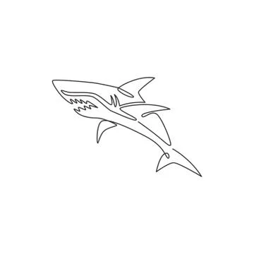 Single continuous line drawing of aggressive shark for nature adventure logo Illustrazione stock