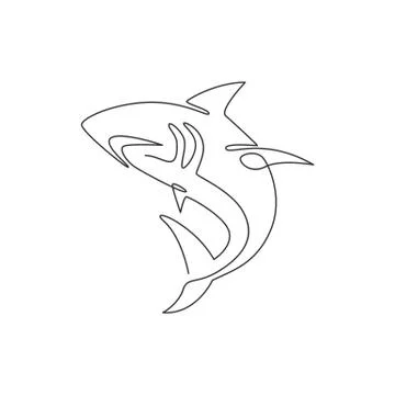 Single continuous line drawing of aggressive shark for nature adventure logo Illustrazione stock