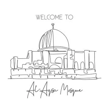 Single continuous line drawing Al Aqsa mosque landmark. Holy masjid place Stock-Illustration