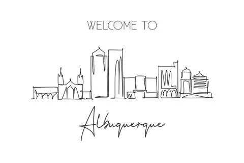 Single continuous line drawing of Albuquerque city skyline, New Mexico Ilustración de archivo