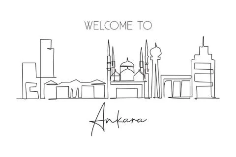 Single continuous line drawing of Ankara city skyline, Turkey. Famous city Stock Illustration