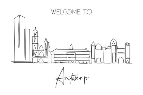 Single continuous line drawing of Antwerp city skyline Belgium 스톡 일러스트