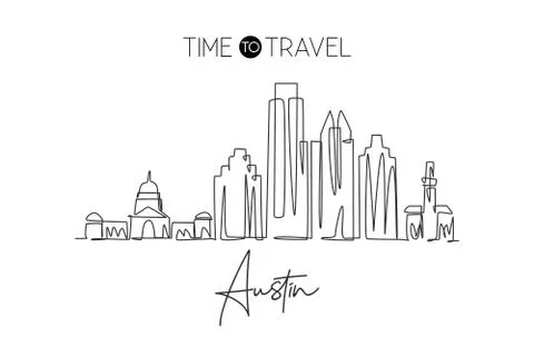 Single continuous line drawing of Austin city skyline, USA. Famous city Ilustración de archivo