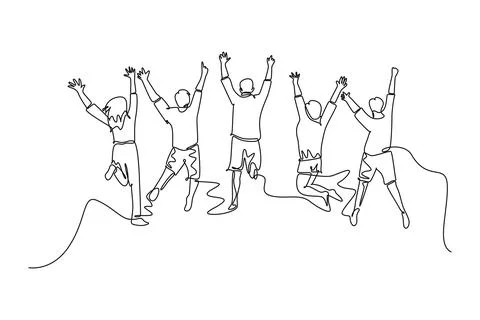 Single continuous line drawing back view group of young happy male and fema.. Stock Illustration