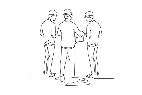 Single continuous line drawing back view young architect and foreman brains.. Stock Illustration