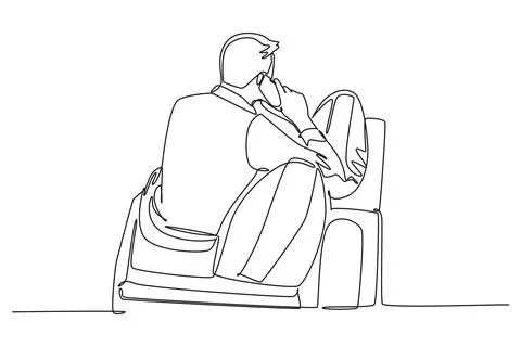 Single continuous line drawing back view of male manager sitting on office .. Illustrazione stock