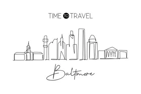 Single continuous line drawing Baltimore city skyline, United States Illustrazione stock