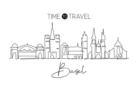 Single continuous line drawing of Basel city skyline Switzerland イラスト素材