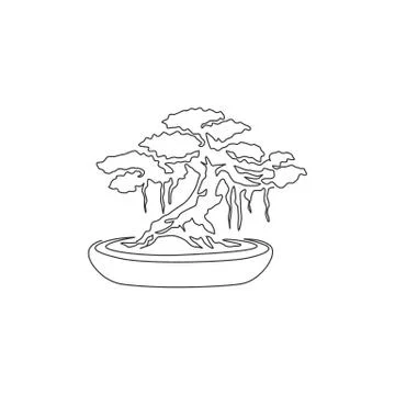 Single continuous line drawing of beautiful and exotic Japan bonsai tree Illustrazione stock