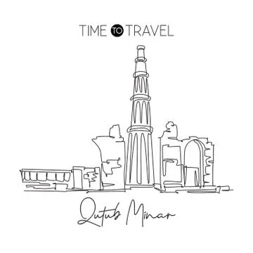Single continuous line drawing beautiful Qutub Minar mosque landmark 스톡 일러스트