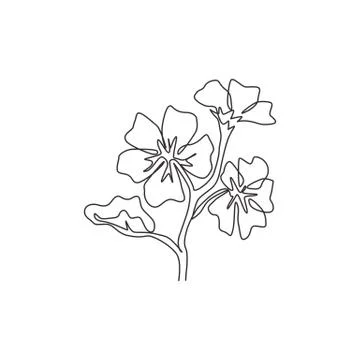 Single continuous line drawing beauty fresh purple mallow for home decor art Illustrazione stock