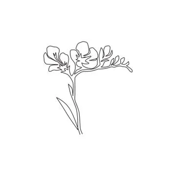 Single continuous line drawing of beauty fresh freesia for home wall decor Illustrazione stock