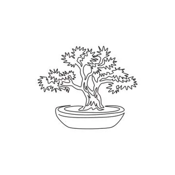 Single continuous line drawing of beauty and old exotic bonsai tree Illustrazione stock