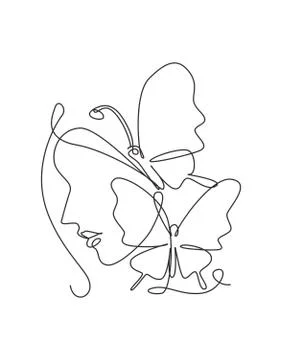 Single continuous line drawing beauty woman with butterfly artwork Illustrazione stock